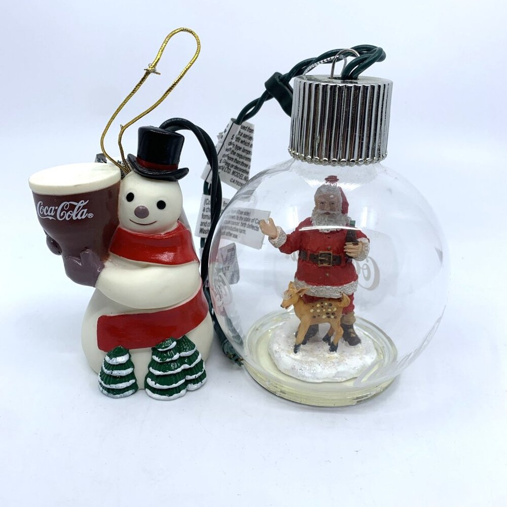 2 Coca-Cola Christmas Lighted Ornaments Santa w/Fawn & Snow Man Vintage Radiance